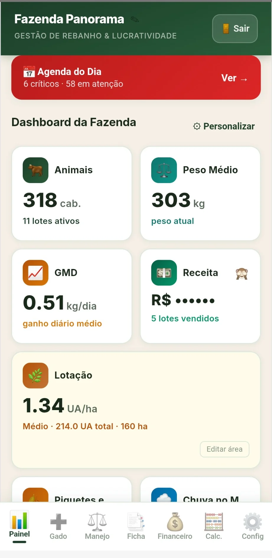 Dashboard real do Gado360 mostrando animais, peso médio, GMD e receita